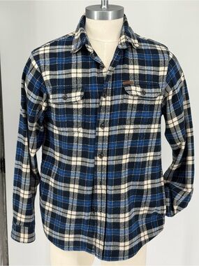 Orvis Blue and Cream Plaid Button-Down Flannel Shirt